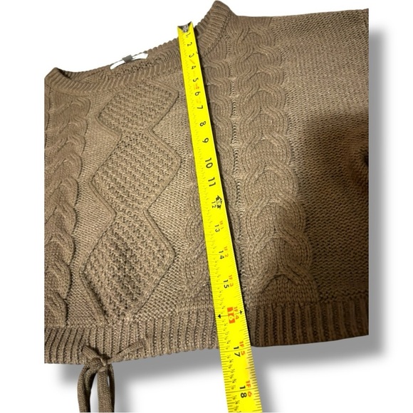 Vigoss Brown Cable Knit Front Tie Long Sleeve Cropped Crew Neck Sweater - Picture 12 of 16